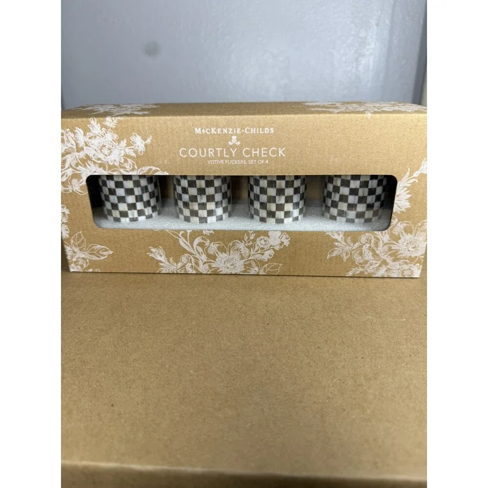 NEW Mackenzie-Childs Courtly Check Flameless Votive Candles Set of 4